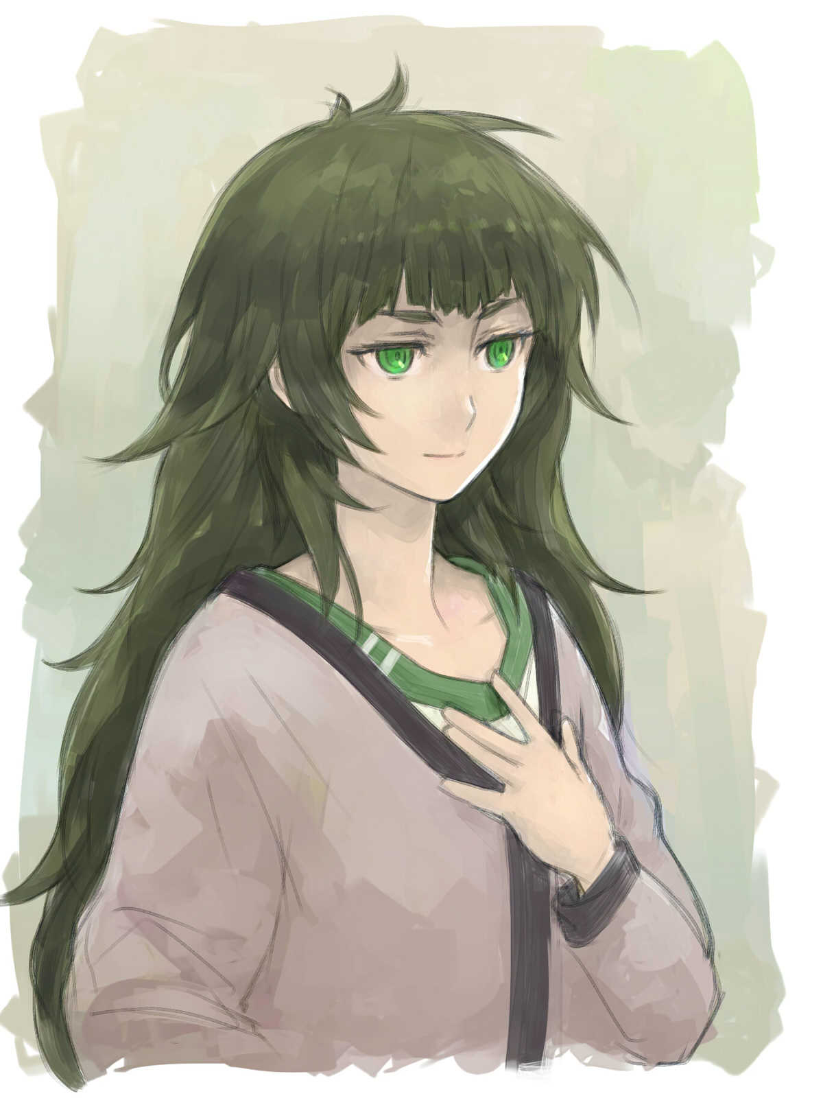 menomorute, hiyajou maho, science adventure, steins;gate, steins;gate 0, commentary request, highres, 1girl, blunt bangs, collar, collarbone, dress, flat chest, green collar, green dress, green eyes, green hair, green trim, grey jacket, hand on own chest, jacket, jacket over dress, long hair, long sleeves, messy hair, ringed eyes, shirt, smile, solo, thick eyebrows, upper body, very long hair