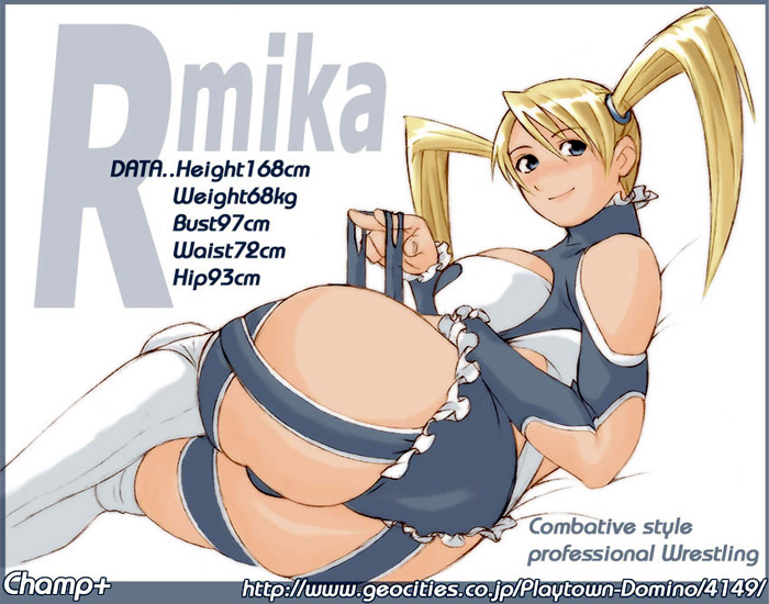 champ+, rainbow mika, capcom, street fighter, street fighter zero (series), 1990s (style), 1girl, arm cutout, artist name, ass, bare shoulders, blonde hair, blue eyes, blush, border, breasts, character name, clothing cutout, english text, feet out of frame, female focus, from behind, grey border, height, huge ass, legs together, light smile, long hair, looking at viewer, looking back, lying, measurements, medium breasts, on side, parted bangs, profile, reference sheet, retro artstyle, simple background, solo, twintails, watermark, web address, weight, white border