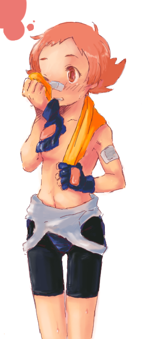 maylene (pokemon), nintendo, pokemon, pokemon dppt, artist request, 00s, 1girl, bandaid, bike shorts, female focus, fingerless gloves, flat chest, gloves, gym leader, pink eyes, pink hair, short hair, simple background, solo, sweat, topless female, towel, undressing, white background