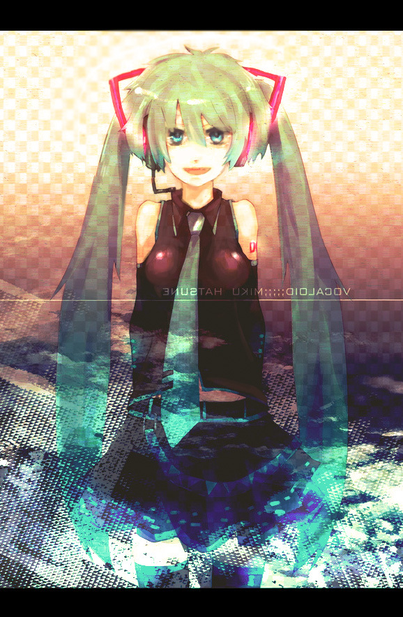 ibitsu, hatsune miku, vocaloid, 1girl, aqua eyes, detached sleeves, female focus, green hair, headphones, headset, letterboxed, long hair, necktie, skirt, smile, solo, thighhighs, twintails, very long hair, zettai ryouiki