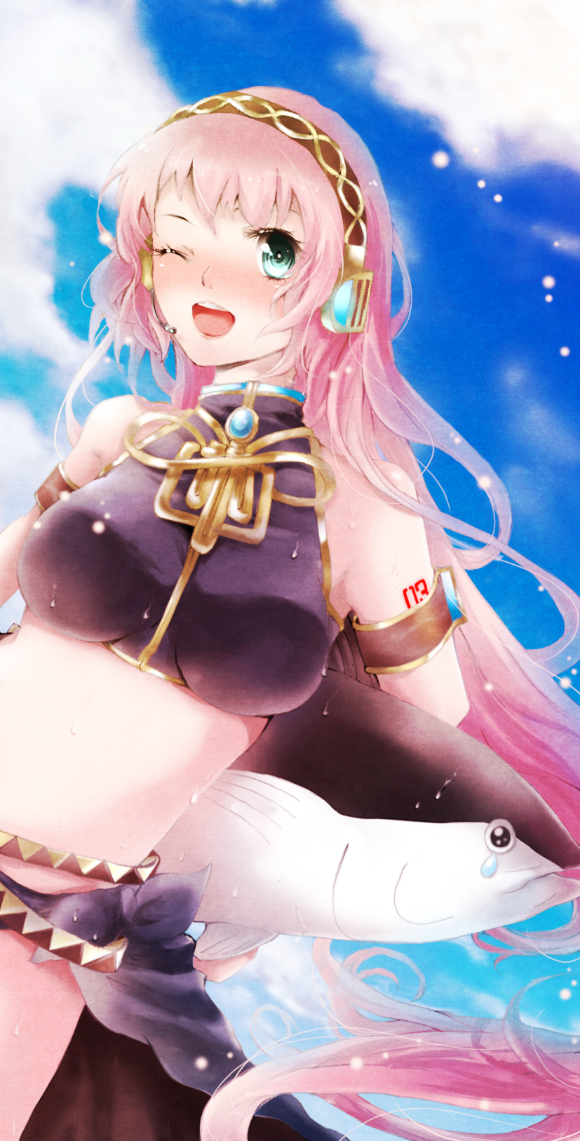 tottsuan, megurine luka, vocaloid, highres, 1girl, aqua eyes, blush, breasts, day, female focus, long hair, midriff, navel, one eye closed, outdoors, pink hair, skirt, sky, smile, solo, tuna, very long hair, wink