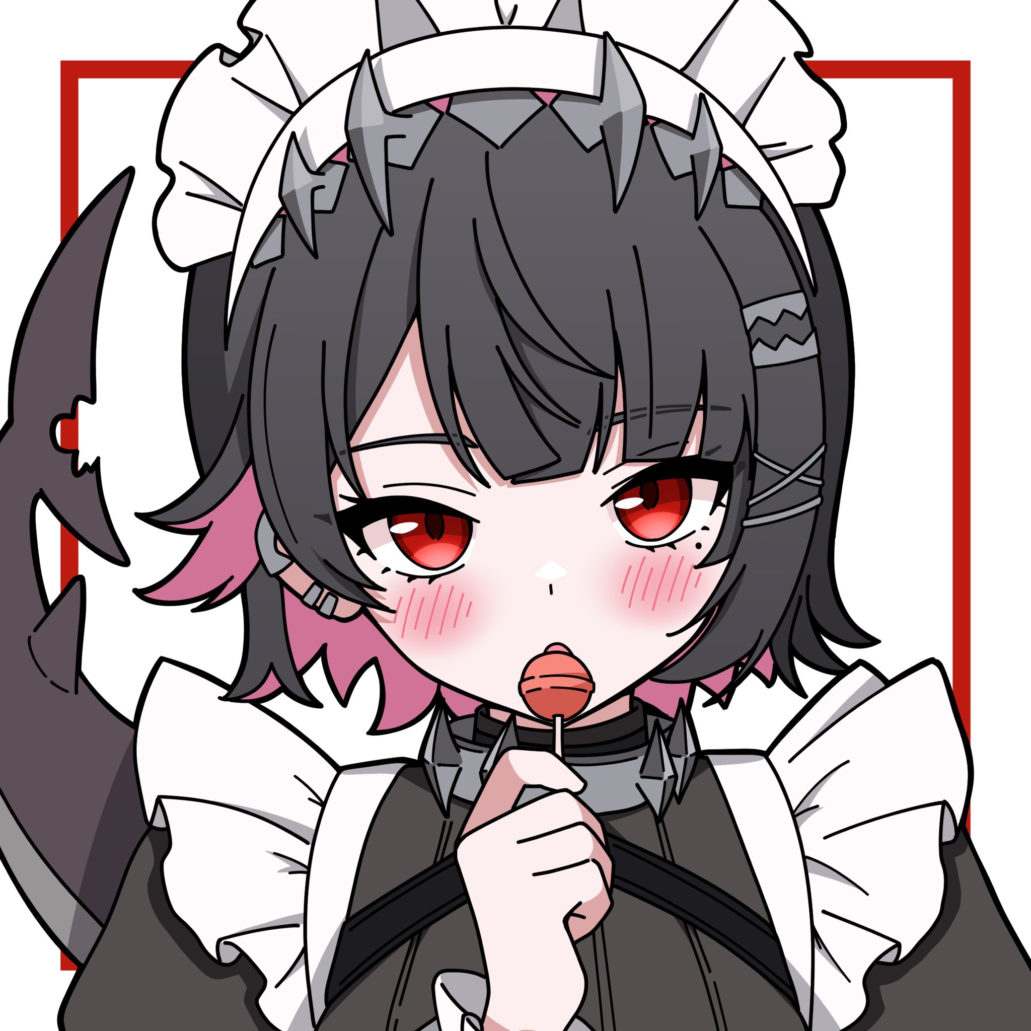 bokutaaaa, ellen joe, zenless zone zero, hashtag-only commentary, highres, 1girl, black hair, blush, candy, colored inner hair, ear piercing, earclip, fins, fish tail, food, frilled wristband, hairband, holding, holding candy, holding food, holding lollipop, lollipop, maid headdress, metal hairband, mole, mole under eye, multicolored hair, open mouth, piercing, portrait, razor blade hair ornament, red eyes, scar, scar on tail, shark girl, shark tail, short hair, solo, spiked headband, tail, white background