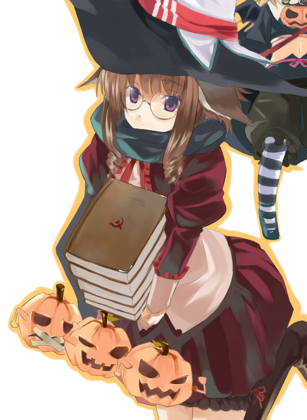 kabocha, kabocha (monkey4), kemomimi megane shisho-san, original, 1girl, book, dress, female focus, glasses, halloween, hammer and sickle, hat, jack-o'-lantern, pumpkin, solo, witch hat
