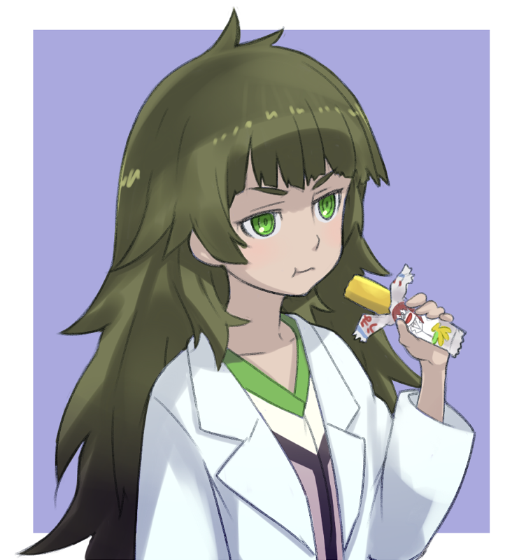 menomorute, hiyajou maho, makise kurisu, makise kurisu (amadeus), science adventure, steins;gate, steins;gate 0, commentary request, 1girl, blunt bangs, border, character drawing, collar, collarbone, dress, eating, food, green collar, green dress, green eyes, green hair, green trim, grey jacket, holding, holding food, jacket, jacket over dress, lab coat, long hair, long sleeves, messy hair, purple background, shirt, solo, thick eyebrows, upper body, very long hair, white border