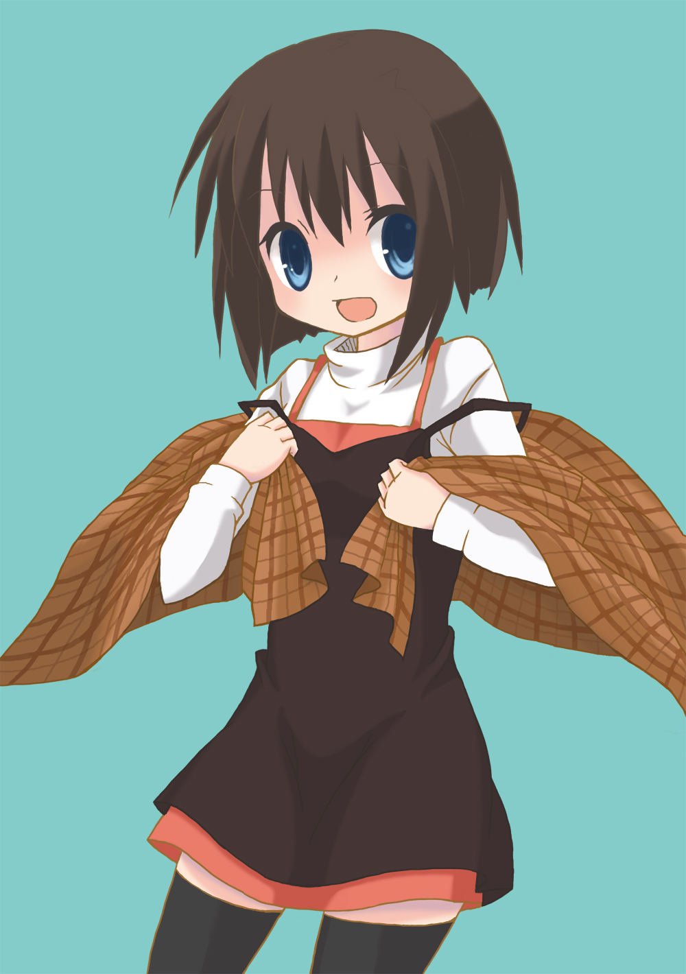 momoniku (taretare-13), misaka shiori, kanon, bad id, bad pixiv id, highres, blue eyes, brown hair, shawl, short hair, solo, thighhighs