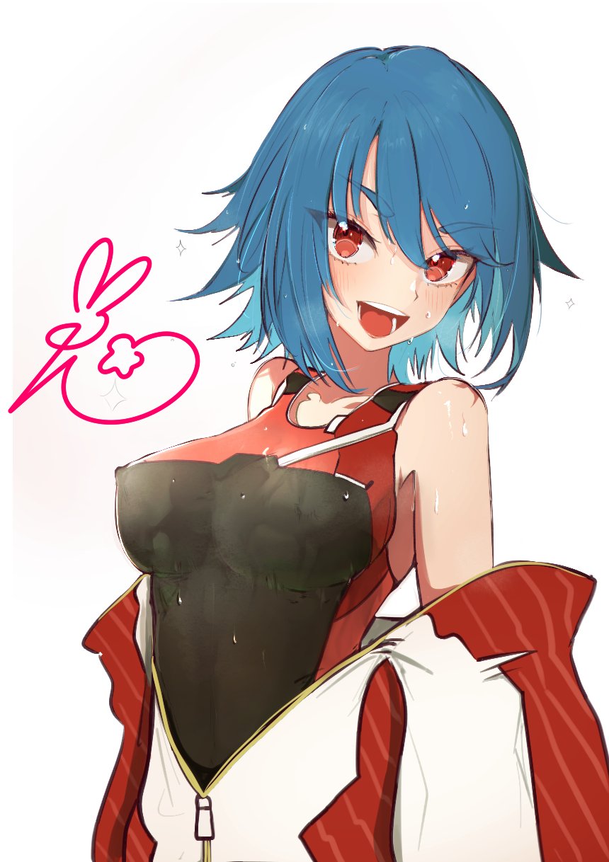 toji juukou, stratos (pso2), phantasy star, phantasy star online 2, commentary request, highres, 1girl, :d, bare shoulders, bikini, bikini under clothes, black one-piece swimsuit, blue hair, breasts, covered erect nipples, jacket, jacket over swimsuit, large breasts, light blush, looking at viewer, multicolored jacket, off shoulder, one-piece swimsuit, open mouth, partially unzipped, red eyes, red jacket, red one-piece swimsuit, short hair, signature, simple background, smile, solo, sparkle, swimsuit, swimsuit under clothes, two-tone jacket, two-tone one-piece swimsuit, upper body, wet, white background, white jacket