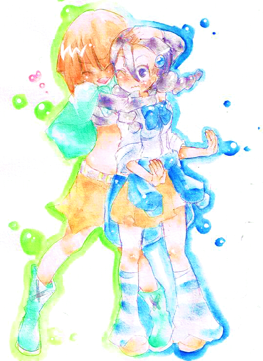 shimanie, candice (pokemon), gardenia (pokemon), nintendo, pokemon, pokemon dppt, 00s, 2girls, clothes around waist, gym leader, loose socks, multiple girls, socks, striped clothes, striped socks, sweater, sweater around waist