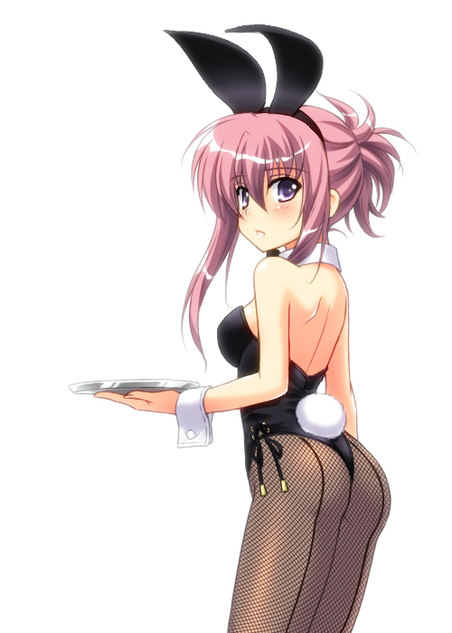 masakichi (crossroad), chikage (sister princess), sister princess, 00s, animal ears, ass, fake animal ears, fishnet pantyhose, fishnets, looking back, pantyhose, pink hair, playboy bunny, purple eyes, rabbit ears, short hair, solo, tray, wrist cuffs
