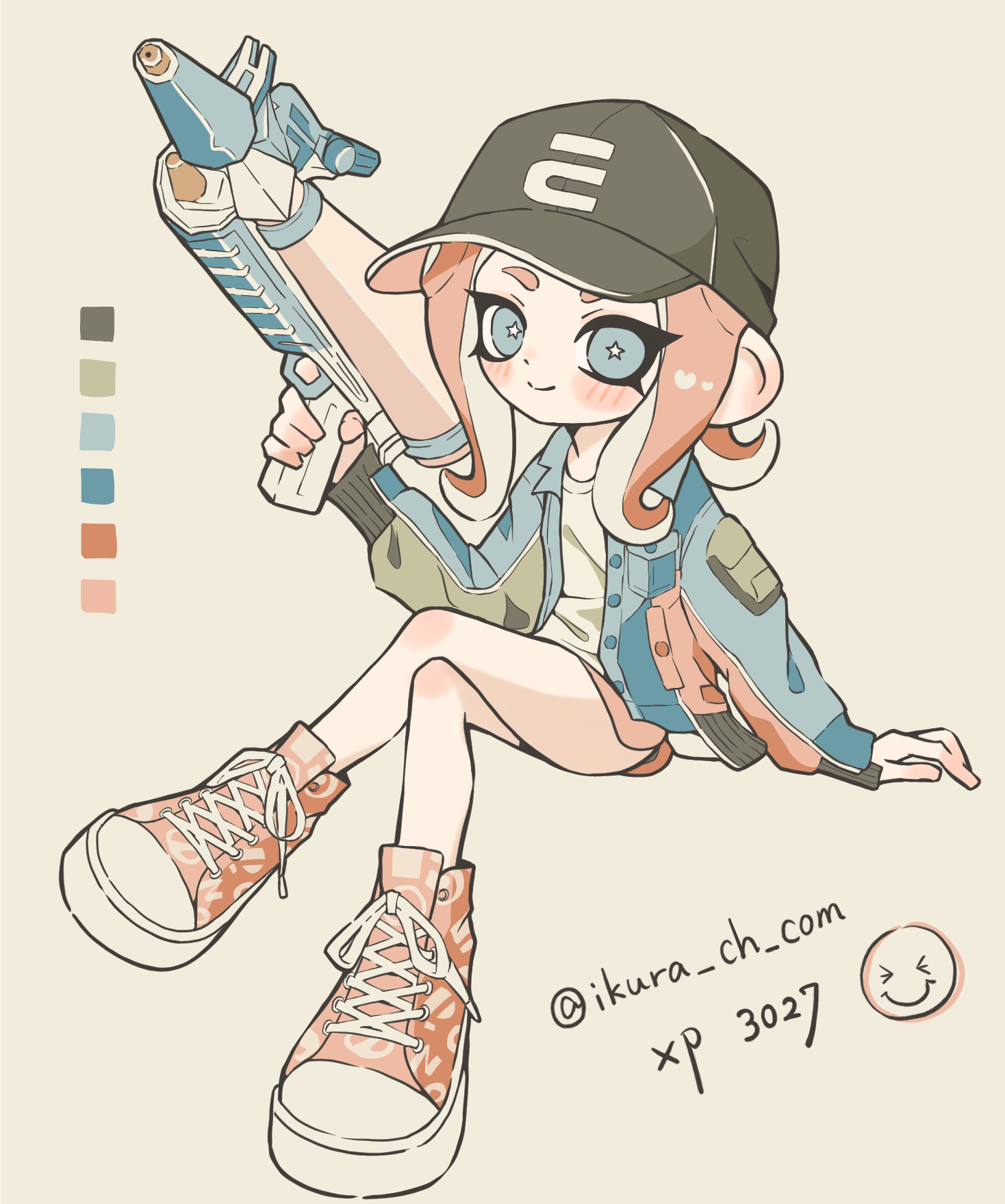 osakanagumi11, octoling girl, octoling player character, nintendo, splatoon (series), splatoon 3, commentary request, highres, 1girl, artist name, baseball cap, black hat, blue eyes, blue jacket, bright pupils, closed mouth, color guide, cross-laced shoes, dolphin shorts, gun, hat, holding, holding gun, holding weapon, invisible chair, jacket, long hair, looking at viewer, octoling, pink hair, pink shoes, pink trim, print hat, shirt, shoes, shorts, simple background, sitting, smile, solo, splattershot pro (splatoon), star-shaped pupils, star (symbol), symbol-shaped pupils, tentacle hair, twitter username, weapon, white background, white pupils, white shirt