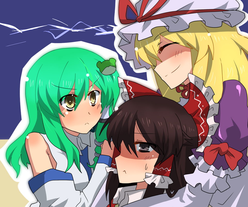 akatoro (nightlord), toro (pixiv), hakurei reimu, kochiya sanae, yakumo yukari, touhou, 3girls, blonde hair, brown eyes, brown hair, female focus, green hair, multiple girls