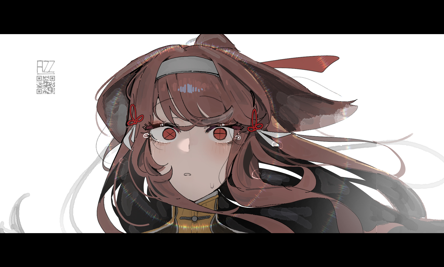 azz0422, ye shunguang, zenless zone zero, hashtag-only commentary, highres, 1girl, artist name, blush, brown hair, chinese clothes, clover, clover hair ornament, crying, crying with eyes open, droopy ears, hair ornament, hairband, letterboxed, long hair, looking at viewer, parted lips, portrait, qr code, red eyes, simple background, solo, sweatdrop, tears, white background, white hairband