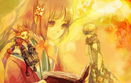 xxnicol, rempo, tia (avalon code), ur, avalon code, 1girl, 2boys, blindfold, elf, hair ornament, multiple boys, pointy ears