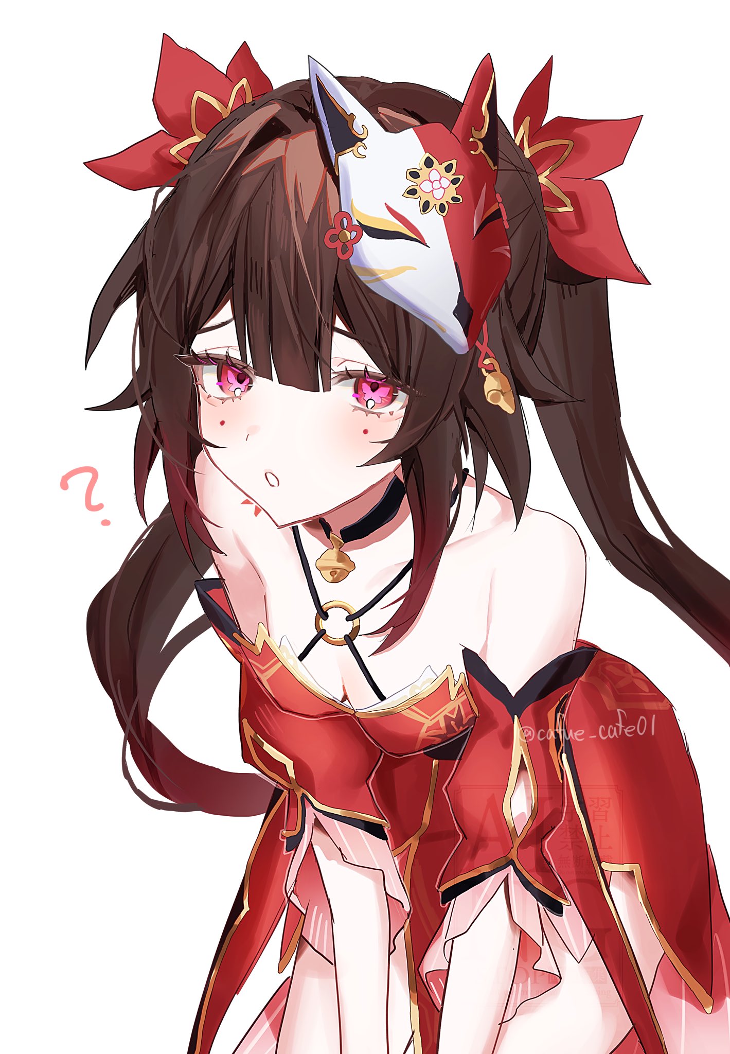 cafe (cafue cafe01), sparkle (honkai: star rail), honkai: star rail, honkai (series), commentary request, highres, 1girl, :o, ?, bare shoulders, bell, black choker, black sash, breasts, brown hair, butterfly-shaped pupils, chest tattoo, choker, circle facial mark, cleavage, cowboy shot, criss-cross halter, detached sleeves, dress, fox mask, hair ribbon, halterneck, long hair, looking at viewer, mark under both eyes, mask, mask on head, neck bell, o-ring, o-ring top, obi, red dress, red eyes, red ribbon, red sleeves, ribbon, sash, simple background, solo, symbol-shaped pupils, tattoo, twintails, white background