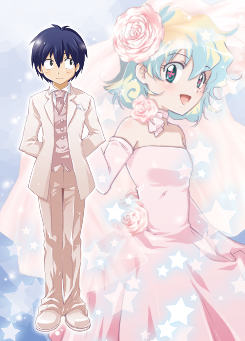 awa-san, awa (awaawa), awa (pixiv128275), nia teppelin, simon (ttgl), tengen toppa gurren lagann, + +, 00s, 1boy, 1girl, aged down, blue hair, bridal veil, bride, cross-shaped pupils, dress, elbow gloves, flower, gloves, hair flower, hair ornament, multicolored hair, short hair, smile, symbol-shaped pupils, tuxedo, two-tone hair, veil, wedding dress