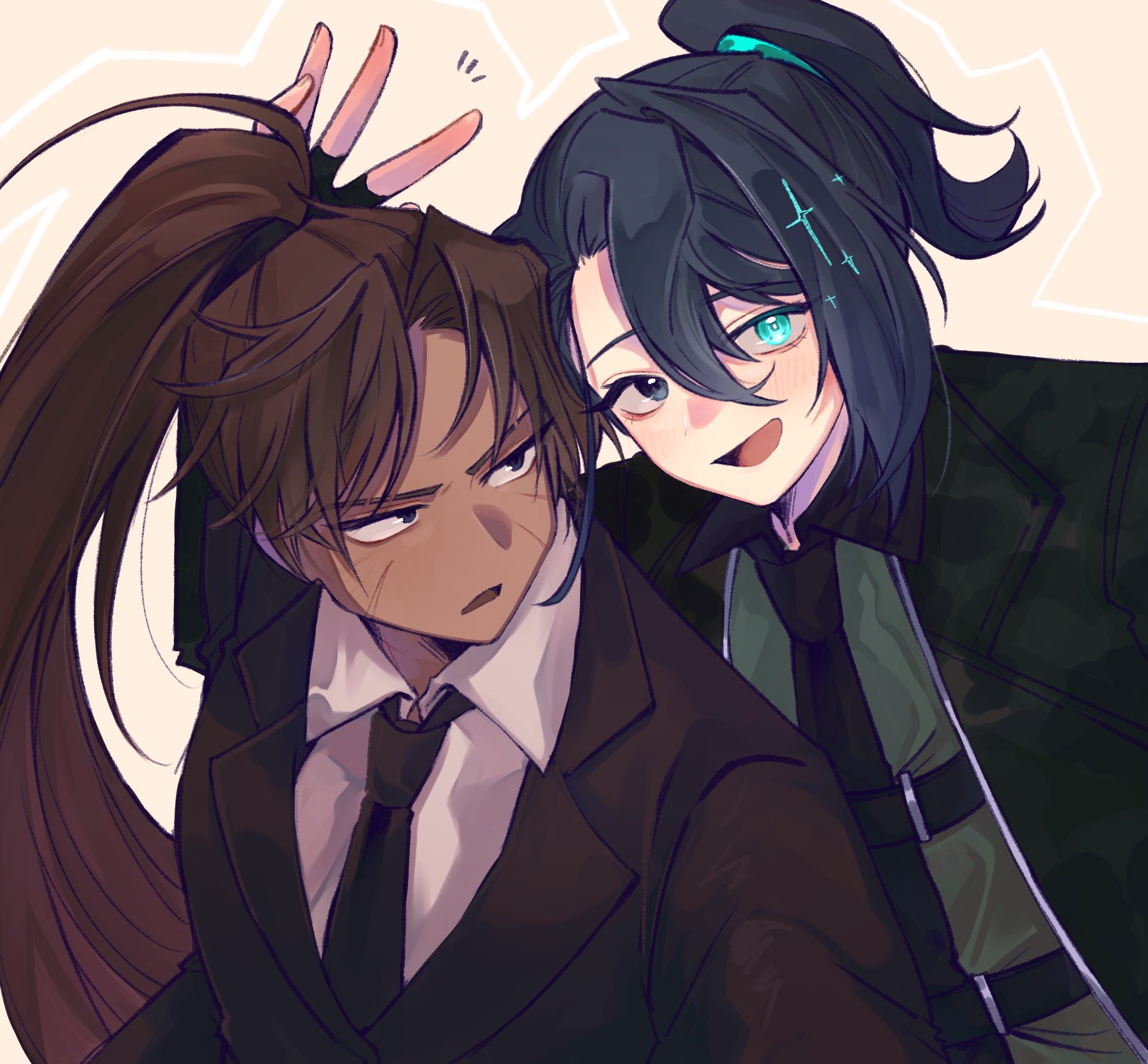 nantekottawo!!, heathcliff (project moon), hong lu (project moon), limbus company, project moon, highres, 2boys, black coat, black gloves, black hair, black jacket, brown hair, coat, collared shirt, fingerless gloves, full-stop office (identity) (project moon), gloves, hand up, heterochromia, high ponytail, jacket, lapels, long hair, looking to the side, multiple boys, notched lapels, open mouth, ponytail, purple eyes, scar, shirt, very long hair, white shirt