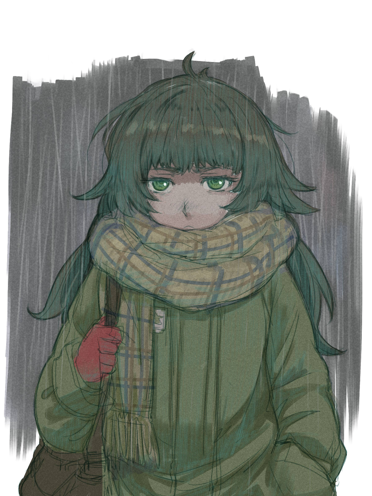 menomorute, hiyajou maho, science adventure, steins;gate, steins;gate 0, commentary request, highres, 1girl, :<, bag, blunt bangs, coat, frown, gloves, green coat, green eyes, green hair, holding, holding bag, leather bag, long hair, long sleeves, looking at viewer, messy hair, plaid clothes, plaid scarf, rain, red gloves, scarf, simple background, solo, star (symbol), star print, thick eyebrows, upper body, very long hair, winter clothes, winter coat