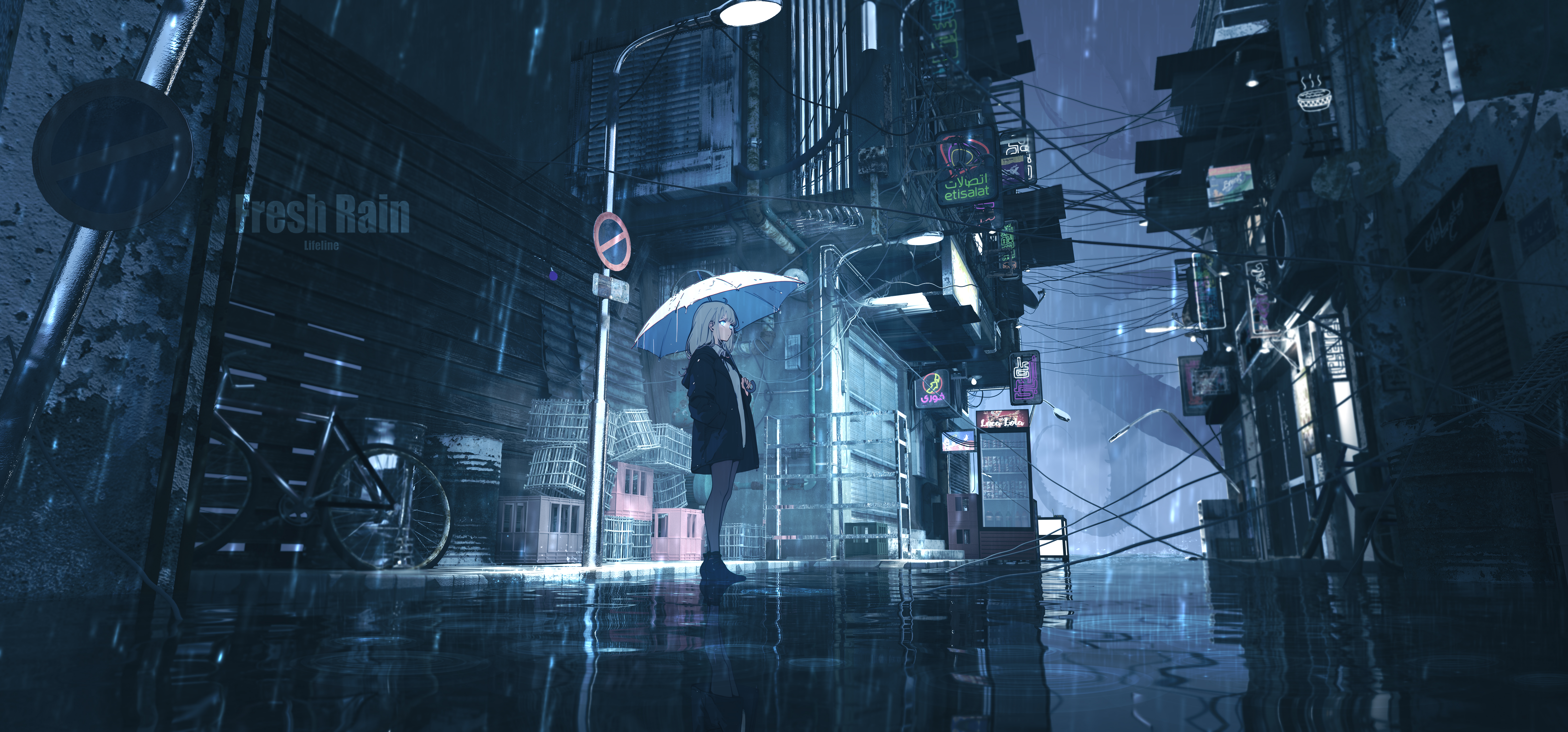 lifeline (a384079959), original, absurdres, chinese commentary, commentary request, highres, 1girl, bicycle, black coat, building, coat, from side, full body, grey hair, hand in pocket, holding, holding umbrella, lamppost, medium hair, monster, night, open clothes, open coat, outdoors, pantyhose, rain, reflection, reflective liquid, road sign, scenery, sign, solo, standing, umbrella, urban, vending machine, water, watermark, white umbrella