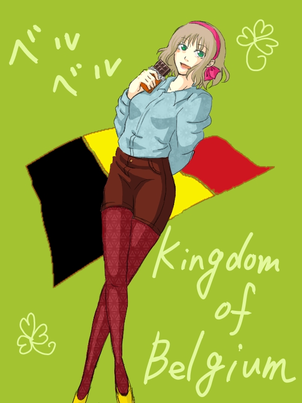fuji murasaki, belgium (hetalia), axis powers hetalia, bad id, bad pixiv id, 00s, 1girl, blonde hair, candy, chocolate, chocolate bar, female focus, flag, food, green background, green eyes, hair ribbon, long sleeves, miniskirt, pantyhose, red pantyhose, ribbon, short hair, skirt, solo, unmoving pattern