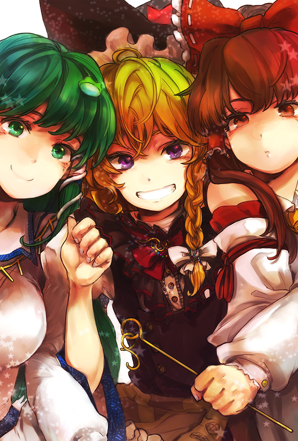 yukizen, hakurei reimu, kirisame marisa, kochiya sanae, touhou, bad id, bad pixiv id, 3girls, blonde hair, braid, brown hair, close-up, female focus, frog, green eyes, green hair, grin, hair ornament, hat, japanese clothes, long hair, miko, multiple girls, purple eyes, red eyes, smile, snake, wand, witch, witch hat