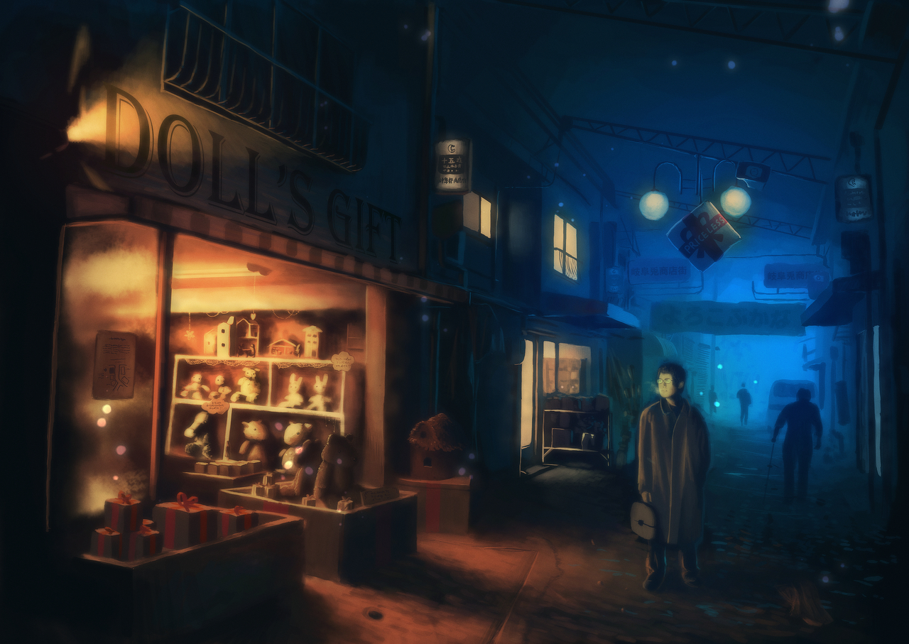 jw (pixiv), original, light, bad id, bad pixiv id, 3boys, coat, doll, gift, glasses, male focus, multiple boys, night, realistic, road, shop, stuffed animal, stuffed rabbit, stuffed toy, teddy bear