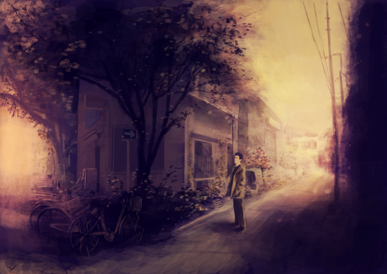 jw (pixiv), original, bad id, bad pixiv id, 1boy, bicycle, black hair, building, coat, hands in pockets, house, male focus, outdoors, pants, power lines, road, road sign, sepia, sign, signpost, sky, solo, standing, sunset, tree