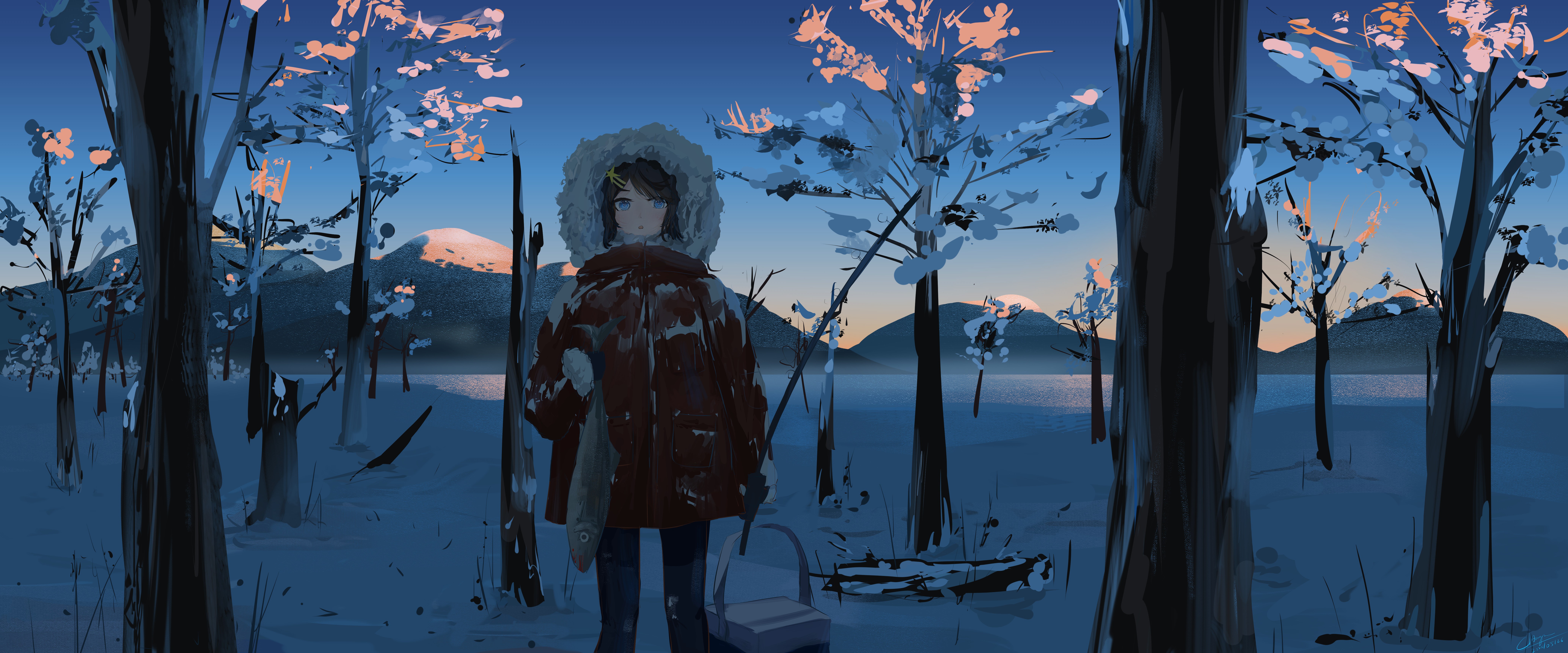hargow, original, absurdres, bilingual commentary, chinese commentary, commentary request, highres, mixed-language commentary, 1girl, :o, animal, bare tree, black hair, blue eyes, blue sky, coat, dead animal, evening, feet out of frame, fish, fishing rod, fur-trimmed coat, fur trim, gradient sky, holding, holding animal, holding fish, holding fishing rod, hood, hood up, long sleeves, mountainous horizon, ocean, outdoors, pants, parka, parted lips, red coat, scenery, signature, sky, snow, solo, standing, tree, winter, winter clothes