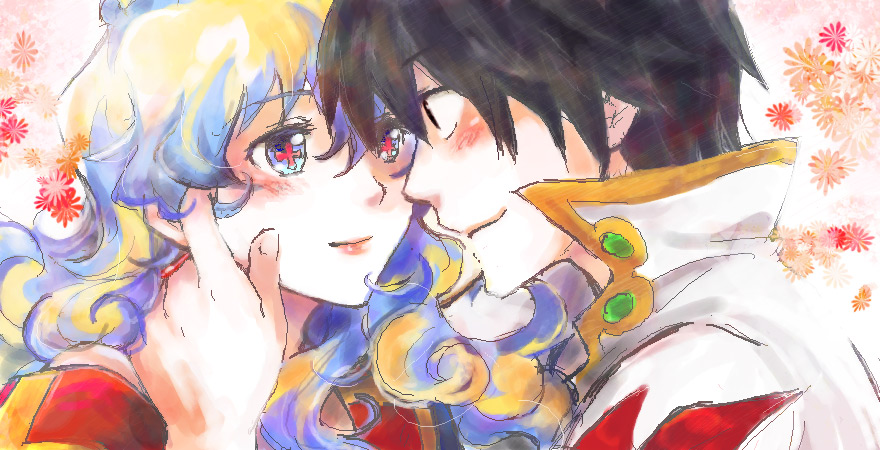 taira momen, nia teppelin, simon (ttgl), tengen toppa gurren lagann, + +, 00s, 1boy, 1girl, couple, cross-shaped pupils, hetero, multicolored hair, portrait, smile, symbol-shaped pupils, two-tone hair