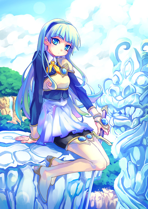 z4, ryuuzaki umi, magic knight rayearth, 1990s (style), 1girl, armor, armored dress, blue eyes, blue hair, blue hairband, blue skirt, dress, female focus, hairband, matching hair/eyes, retro artstyle, skirt, solo