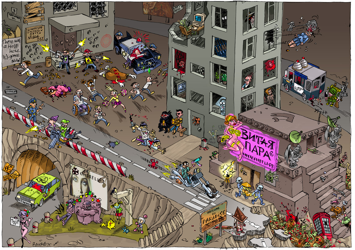 dahr, daniil kuzmichyov, dopefish, lara croft, pikachu, pyramid head, resident evil, the sims, tomb raider, worms (game), bad tag, character request, copyright request, blood, computer, crossover, gun, name characters, police, russian, video game, weapon