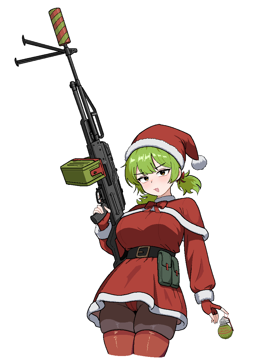 cocktiel77, original, commentary request, highres, korean commentary, weapon request, 1girl, :d, aiming up, ammunition box, ammunition pouch, belt pouch, bipod, blush, breasts, brown pantyhose, capelet, christmas, cropped legs, dress, explosive, fur-trimmed capelet, fur trim, green hair, grenade, gun, hat, holding, holding gun, holding weapon, large breasts, looking at viewer, machine gun, merry christmas, open mouth, orange eyes, panties, pantyhose, pantyshot, pkp pecheneg, pouch, red capelet, red panties, red thighhighs, rgo (grenade), santa costume, santa dress, santa hat, short dress, short hair, simple background, skindentation, smile, solo, suppressor, thighhighs, thighs, trigger discipline, twintails, underwear, weapon, white background