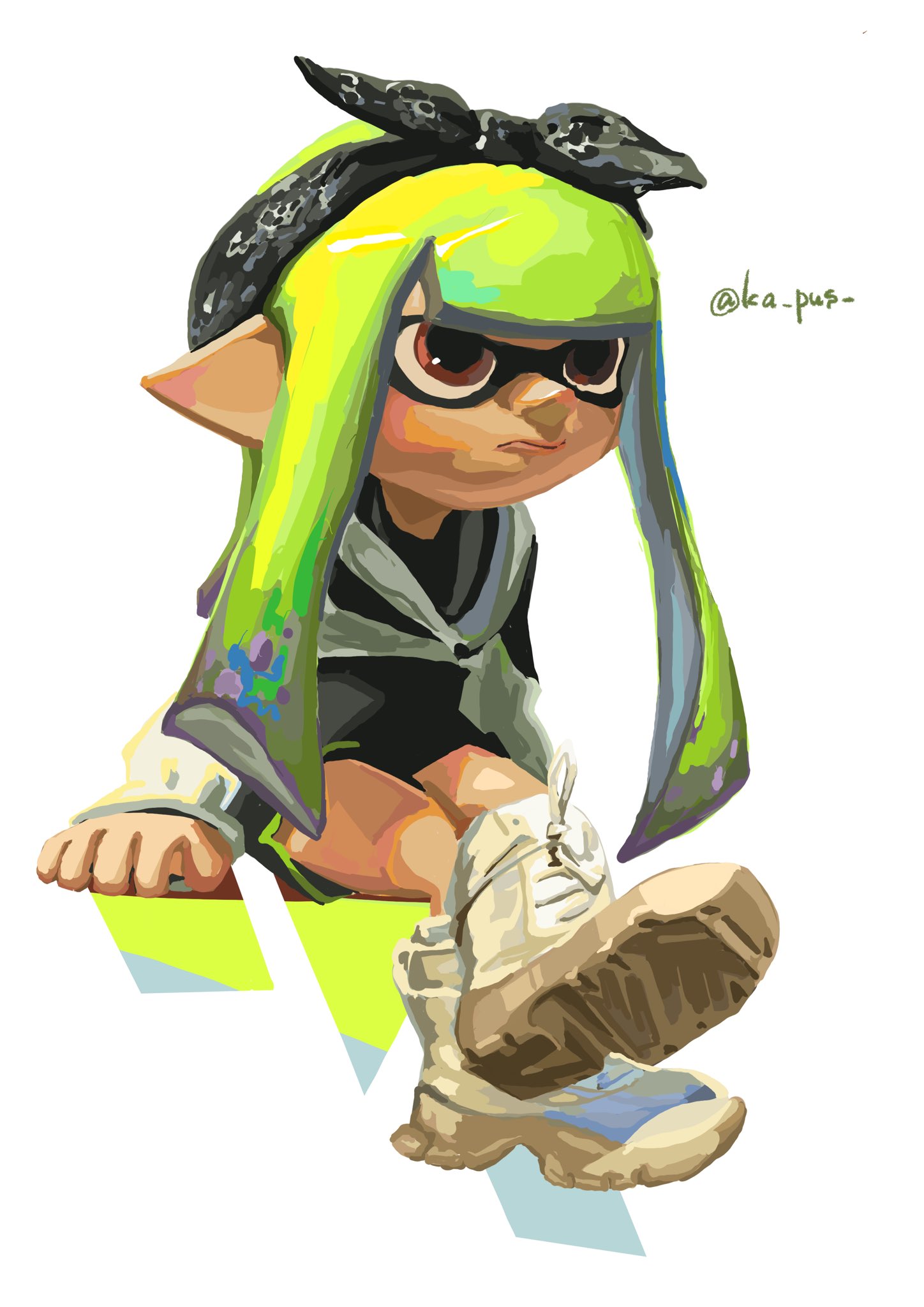 inkling girl, inkling player character, nintendo, splatoon (series), splatoon 3, commentary request, highres, 1girl, artist name, black bow, black hairband, boots, bow, bow hairband, brown eyes, closed mouth, crossed legs, full body, green hair, hairband, inkling, invisible chair, ka pus, long hair, looking ahead, pointy ears, simple background, sitting, solo, tentacle hair, twitter username, white background, white boots
