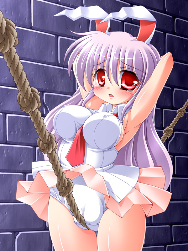 sagano mito, reisen udongein inaba, touhou, bad id, bad pixiv id, 1girl, animal ears, bdsm, between breasts, blush, bondage, bound, breasts, cameltoe, covered erect nipples, crotch rope, crotch tie rope, cruelty to animals, fat mons, female focus, knotted rope, large breasts, panties, purple hair, rabbit ears, red eyes, rope, rope walking, skirt, solo, tears, underwear
