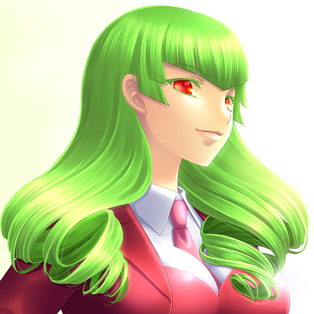 nomo (16 16), ryukishi07, leviathan (umineko), no naku koro ni (series), umineko no naku koro ni, bad id, bad pixiv id, 00s, 1girl, breasts, drill hair, female focus, gradient background, green hair, lips, medium breasts, necktie, pink necktie, red eyes, smile, solo