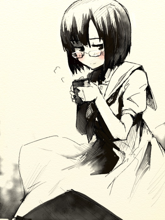 akami, sakura akami, shibuya takami, saki (manga), bad id, bad pixiv id, 00s, 1girl, blush, cup, female focus, glasses, monochrome, school uniform, short hair, solo, spot color, yellow background, yellow theme