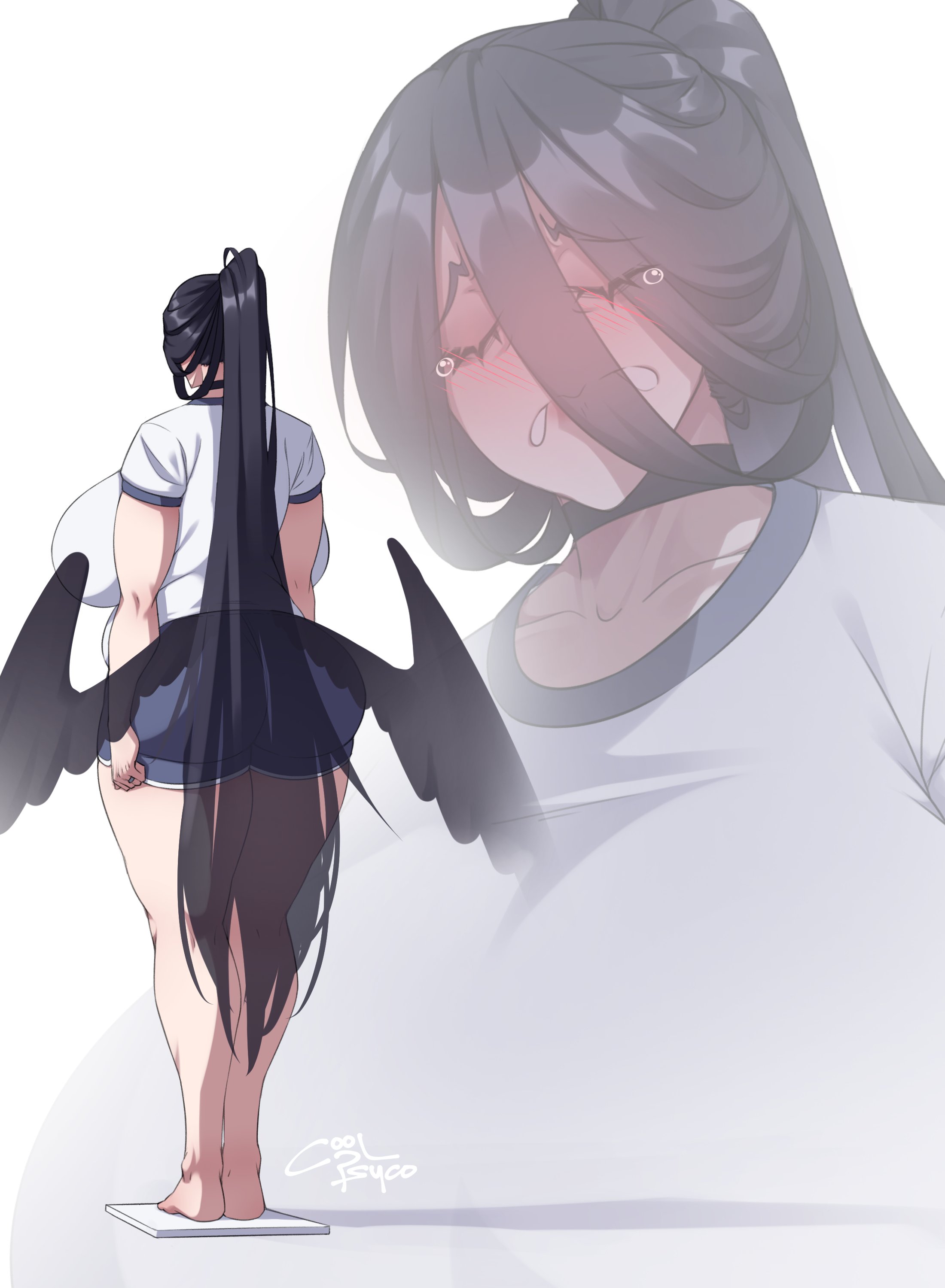coolpsyco, hasumi (blue archive), hasumi (track) (blue archive), blue archive, 1girl, artist name, ass, biting own lip, black choker, black hair, black wings, blue shorts, blush, breasts, choker, close-up, closed eyes, crying, despair, feathered wings, from behind, gym shirt, gym shorts, gym uniform, hair between eyes, high ponytail, huge ass, huge breasts, long hair, low wings, plump, ponytail, shirt, short shorts, shorts, solo, standing, t-shirt, tears, thick thighs, thighs, very long hair, weighing scale, weight conscious, white background, white shirt, wings