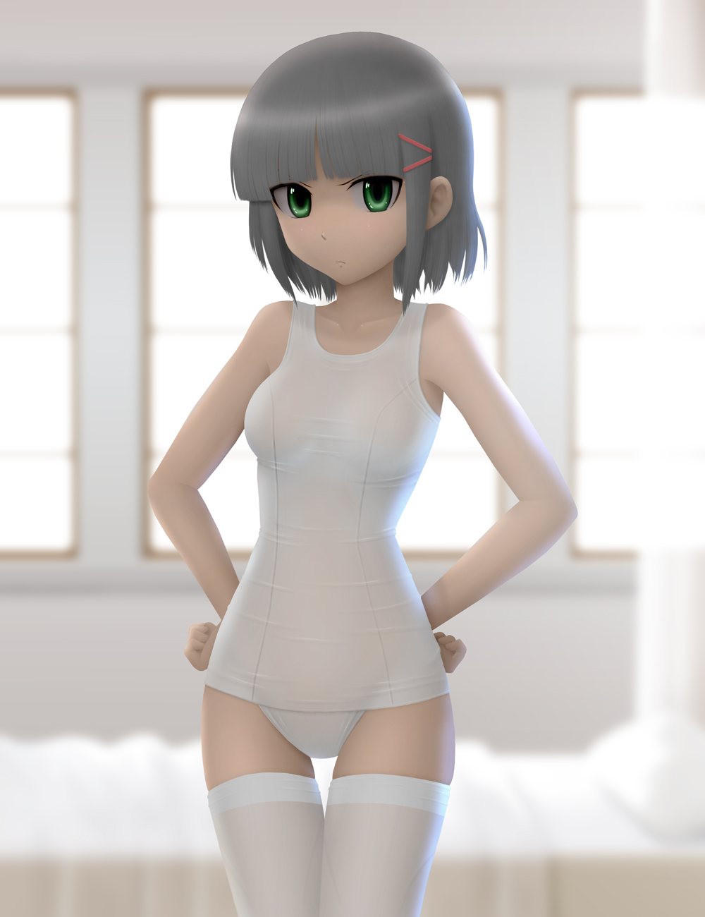 siraha, aizawa sakuya, hayate no gotoku!, highres, 00s, 1girl, black hair, female focus, green eyes, hair ornament, hairclip, one-piece swimsuit, school swimsuit, see-through clothes, short hair, solo, swimsuit, thigh gap, thighhighs, white one-piece swimsuit, white thighhighs