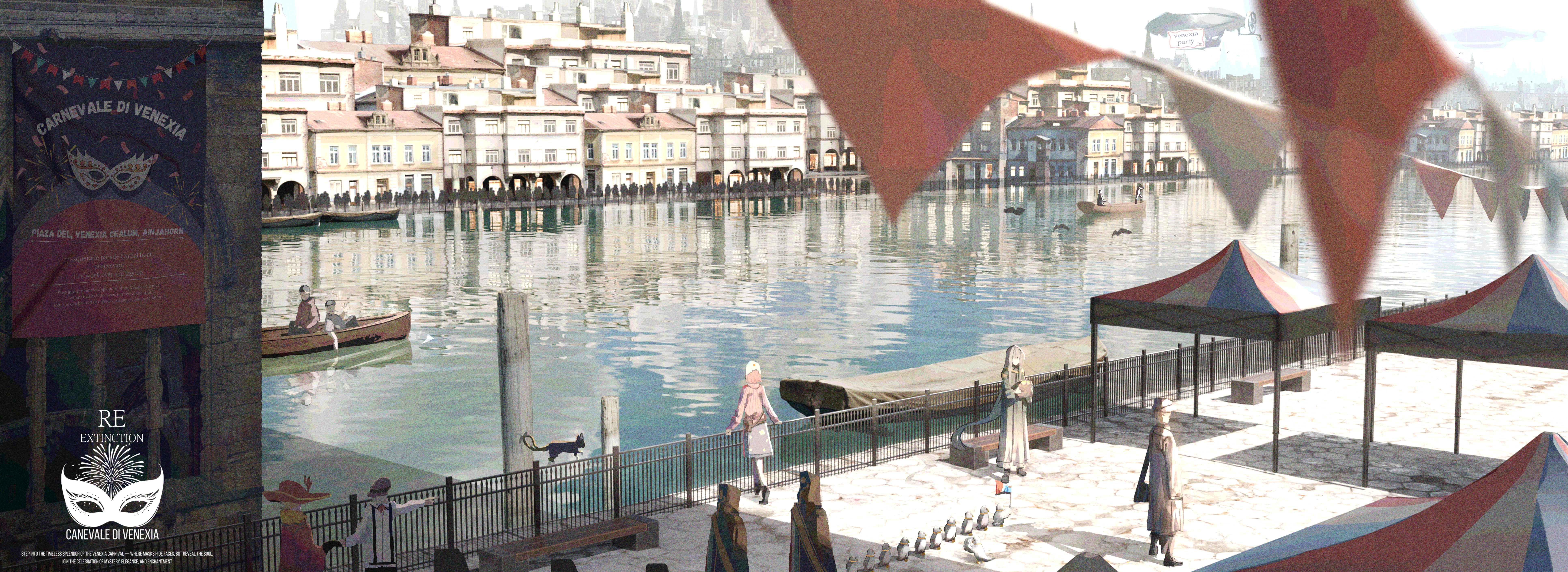 prezonya46, original, absurdres, commentary, english commentary, highres, boat, building, cat, city, copyright name, day, ocean, outdoors, people, pier, re:extinction, scenery, shade, shadow, simple bird, tent, watercraft