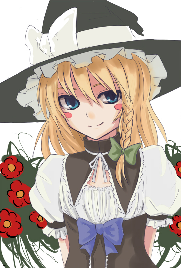 hokamichi, taji (crowview), kirisame marisa, touhou, bad id, bad pixiv id, 1girl, alternate costume, arms behind back, blonde hair, blue eyes, blush, blush stickers, bow, braid, female focus, flower, hair bow, hair ribbon, hat, ribbon, smile, solo, witch, witch hat