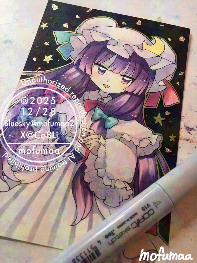 maa (forsythia1729), patchouli knowledge, touhou, commentary, photo (medium), traditional media, 1girl, aqua bow, art tools in frame, artist name, bow, capelet, crescent, crescent hat ornament, dress, frilled sleeves, frills, hair bow, hat, hat ornament, long hair, long sleeves, looking at viewer, mob cap, open mouth, pink capelet, pink hat, purple eyes, purple hair, smile, solo, star (symbol), striped clothes, striped dress, vertical-striped clothes, vertical-striped dress, watermark, wide sleeves