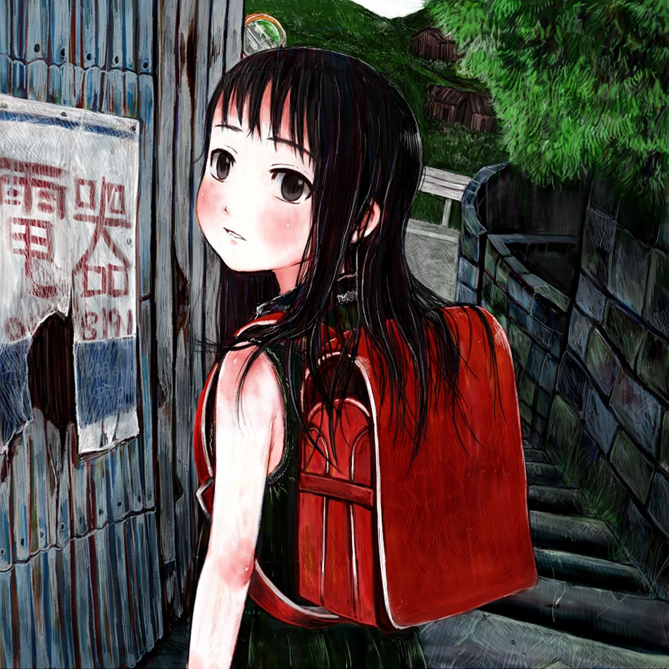 gomennasai, original, 1girl, backpack, bag, bare shoulders, black eyes, black hair, child, female focus, looking back, nature, outdoors, randoseru, solo, stairs