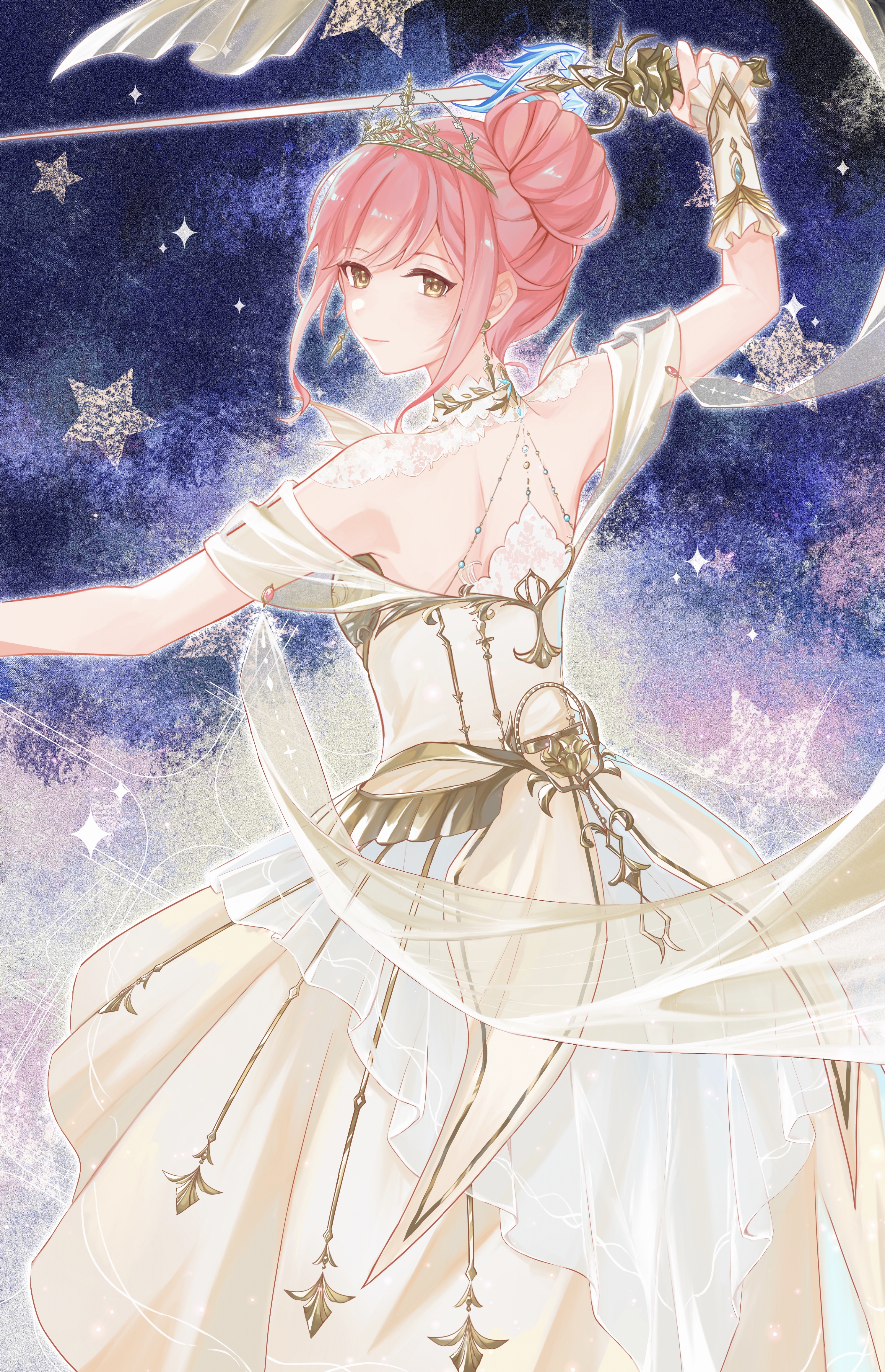 hotaru gugugu, melody bloom (infinity nikki), nikki (nikki), infinity nikki, nikki (series), absurdres, chinese commentary, commentary request, highres, 1girl, armor, bare shoulders, breastplate, brown eyes, closed mouth, collar, cowboy shot, detached collar, dress, earrings, frilled arm warmers, gold earrings, gold tiara, hair bun, happy, high collar, jewelry, lace collar, light blush, lipstick, looking at viewer, looking back, makeup, medium dress, night, outdoors, outline, pink hair, pink lips, pleated dress, short hair with long locks, short sleeves, shoulder blades, sidelocks, single hair bun, smile, solo, sparkle, standing, star (symbol), tiara, updo, white arm warmers, white collar, white dress, white outline