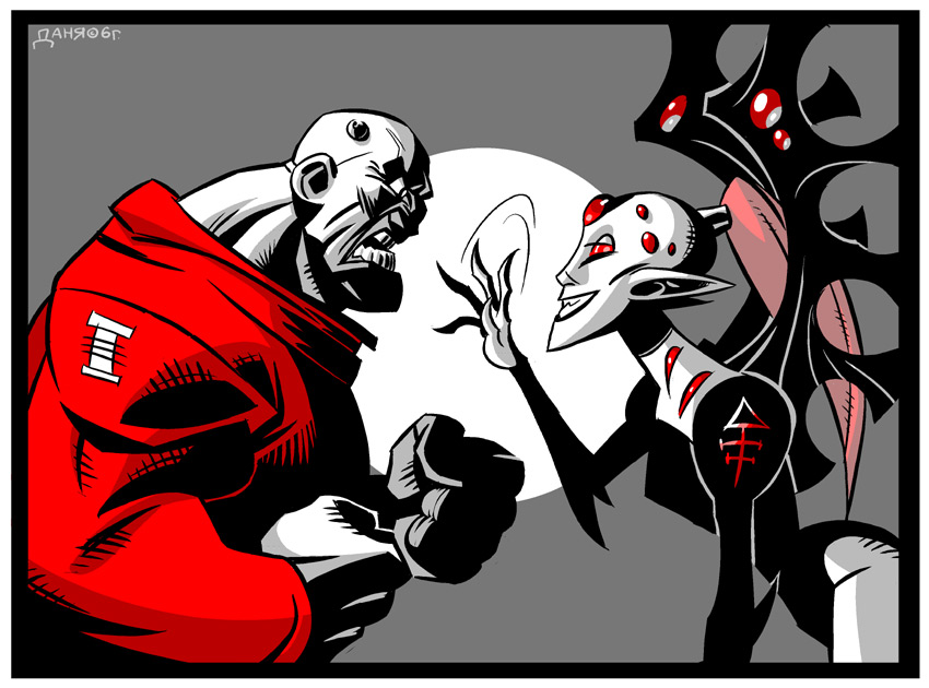 dahr, daniil kuzmichyov, eldar, inquisition, 2006, alien, bald, clenched hand, pointy ears, red cloth, red eyes, smile, warhammer, warhammer 40.000, waving, weapon, white skin