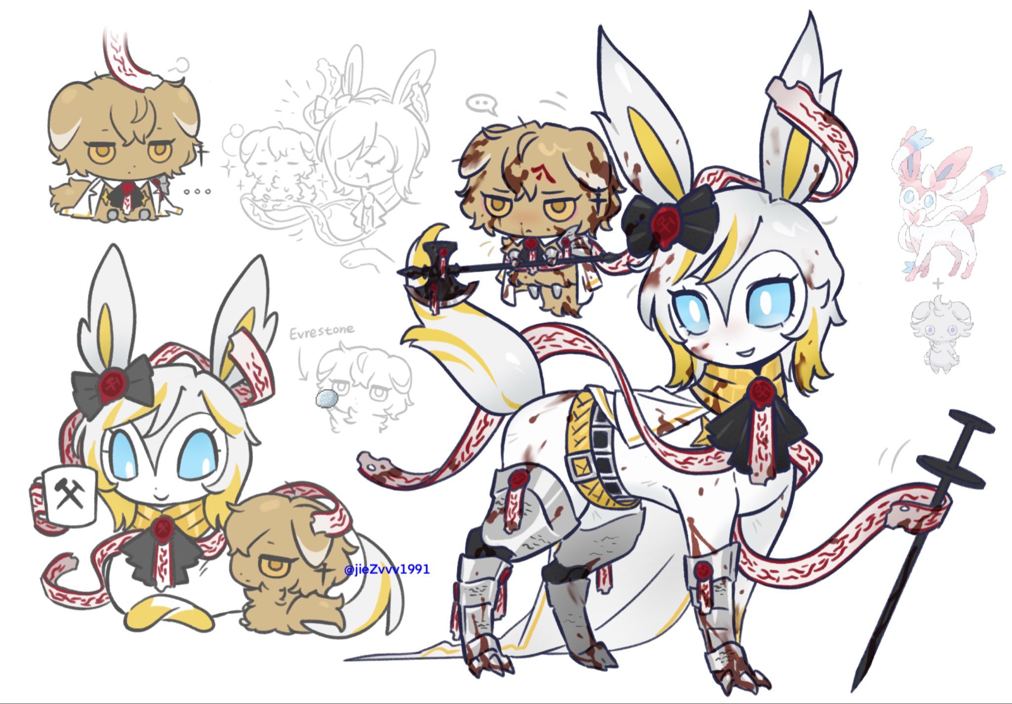 ohzv, espurr, faust (project moon), sinclair (project moon), sylveon, limbus company, nintendo, pokemon, project moon, highres, ascot, belt, black ascot, black belt, black bow, blonde hair, blood, blood on face, blue sclera, bow, colored sclera, crossover, cup, everstone, gauntlets, gen 6 pokemon, hair bow, holding, holding cup, holding nail, mug, n corp. fanatic (identity) (project moon), nail (hardware), open mouth, pokemon (creature), ribbon, smile, white fur, white ribbon, yellow belt, yellow eyes