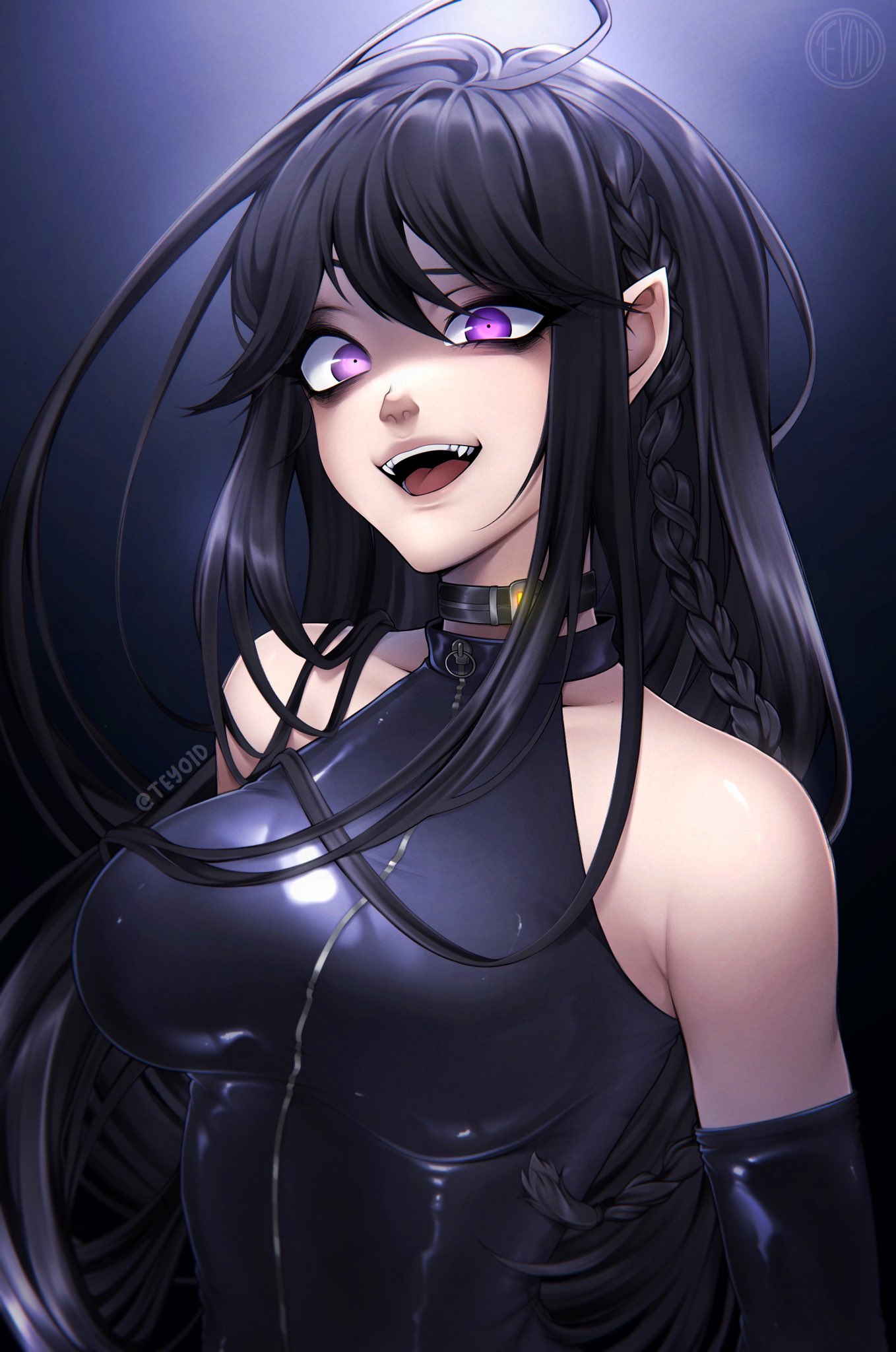teyoid, original, commentary, highres, 1girl, ahoge, armpit crease, bare shoulders, black bodysuit, black choker, blue background, bodysuit, braid, breasts, choker, constricted pupils, double-parted bangs, large breasts, long hair, looking at viewer, nose, open mouth, pointy ears, purple eyes, single braid, smile, solo, upper body, zipper, zipper pull tab