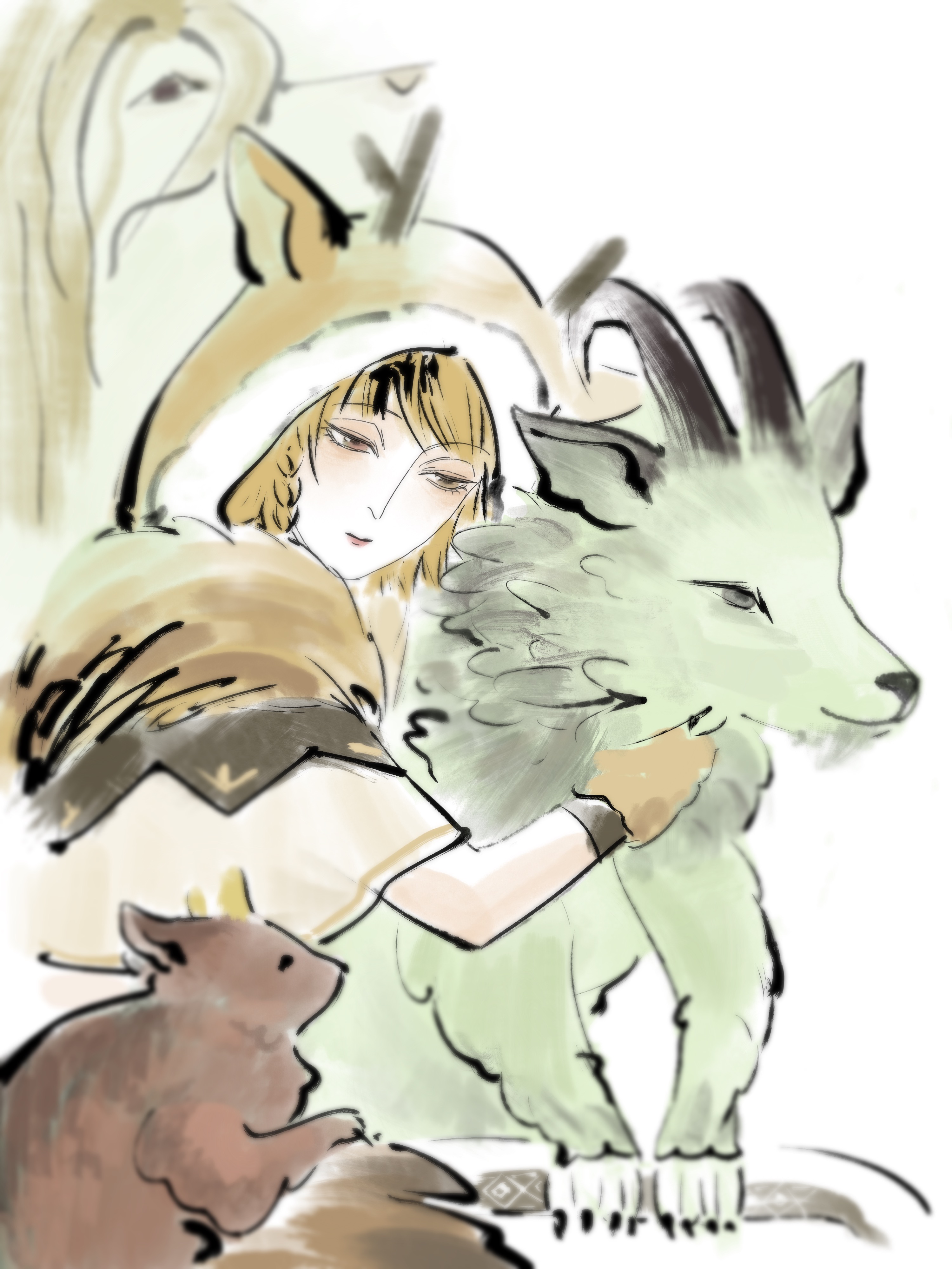 forest folk (infinity nikki), infinity nikki, nikki (series), absurdres, chinese commentary, commentary request, highres, 1girl, animal ear hood, baby animal, behemoth (infinity nikki), blonde hair, braid, brown cloak, brown eyes, brown gloves, cloak, closed mouth, eyelashes, fake animal ears, fake antlers, fur gloves, gloves, half-closed eyes, hood, hood up, hooded cloak, horned hood, horns, light blush, lipstick, looking at creature, makeup, multicolored hair, petting, pink lips, qingjiwonanjiejie, short hair, side braid, simple background, single braid, smile, sproutborne behemoth (infinity nikki), streaked hair, upper body, wetwater behemoth (infinity nikki), white background