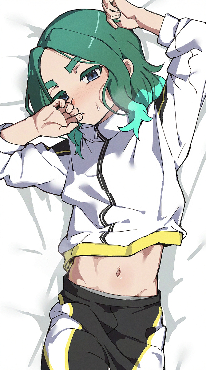 yoruhachi, sasanami unmei, inazuma eleven (series), inazuma eleven victory road, commentary request, highres, 1boy, aqua hair, black pants, blue eyes, blush, jacket, long sleeves, lying, male focus, medium hair, midriff, navel, on back, pants, solo, white jacket