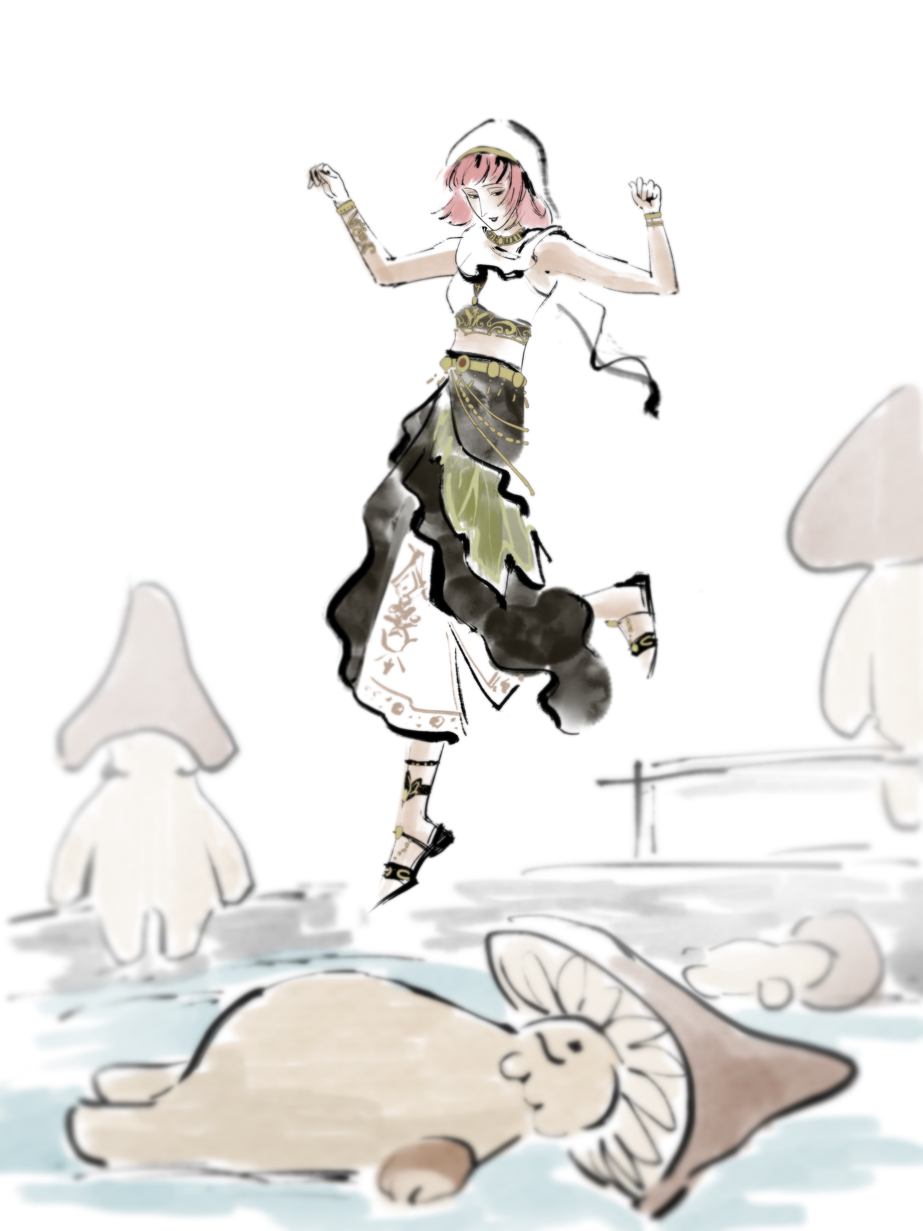 nikki (nikki), purifying wind (infinity nikki), shroomling (infinity nikki), infinity nikki, nikki (series), absurdres, highres, 1girl, belt, black eyes, black lips, black sandals, black skirt, bracelet, brown hairband, cloak, crop top, floating on back, full body, gold belt, gold bracelet, gold necklace, hairband, half-closed eyes, happy, hood, hood up, hooded cloak, jewelry, jumping, layered skirt, light blush, lipstick, long skirt, looking at viewer, makeup, medium hair, midriff, multicolored hair, multiple bracelets, mushroom, necklace, parted lips, pink hair, pleated skirt, pointy nose, pool, qingjiwonanjiejie, sandals, shirt, skirt, sleeveless, sleeveless shirt, smile, streaked hair, white background, white cloak, white shirt, white skirt