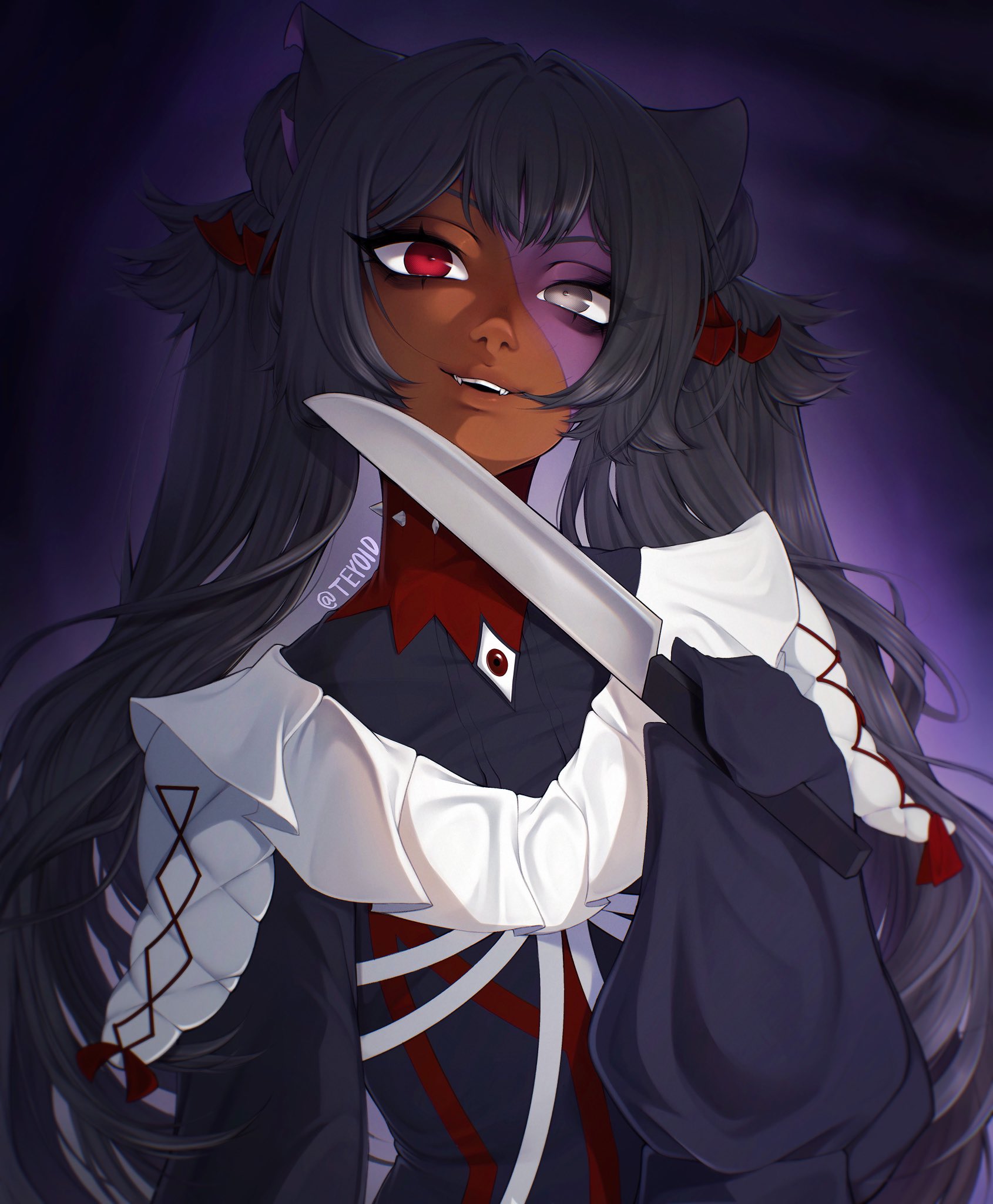 teyoid, original, commentary, commission, english commentary, highres, 1girl, animal ears, black dress, black hair, colored skin, double-parted bangs, dress, grey eyes, heterochromia, holding, holding knife, knife, long hair, long sleeves, looking at viewer, multicolored skin, nose, parted lips, purple background, purple skin, red eyes, red skin, sleeves past fingers, sleeves past wrists, smile, solo, stitched face, stitches, two-tone skin, upper body, zombie