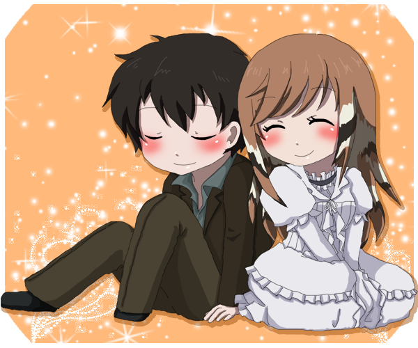 fuka orion, colio tonies, shiron byacornise, tatakau shisho, 00s, 1boy, 1girl, black hair, blush, brown hair, chibi, closed eyes, couple, dress, hetero