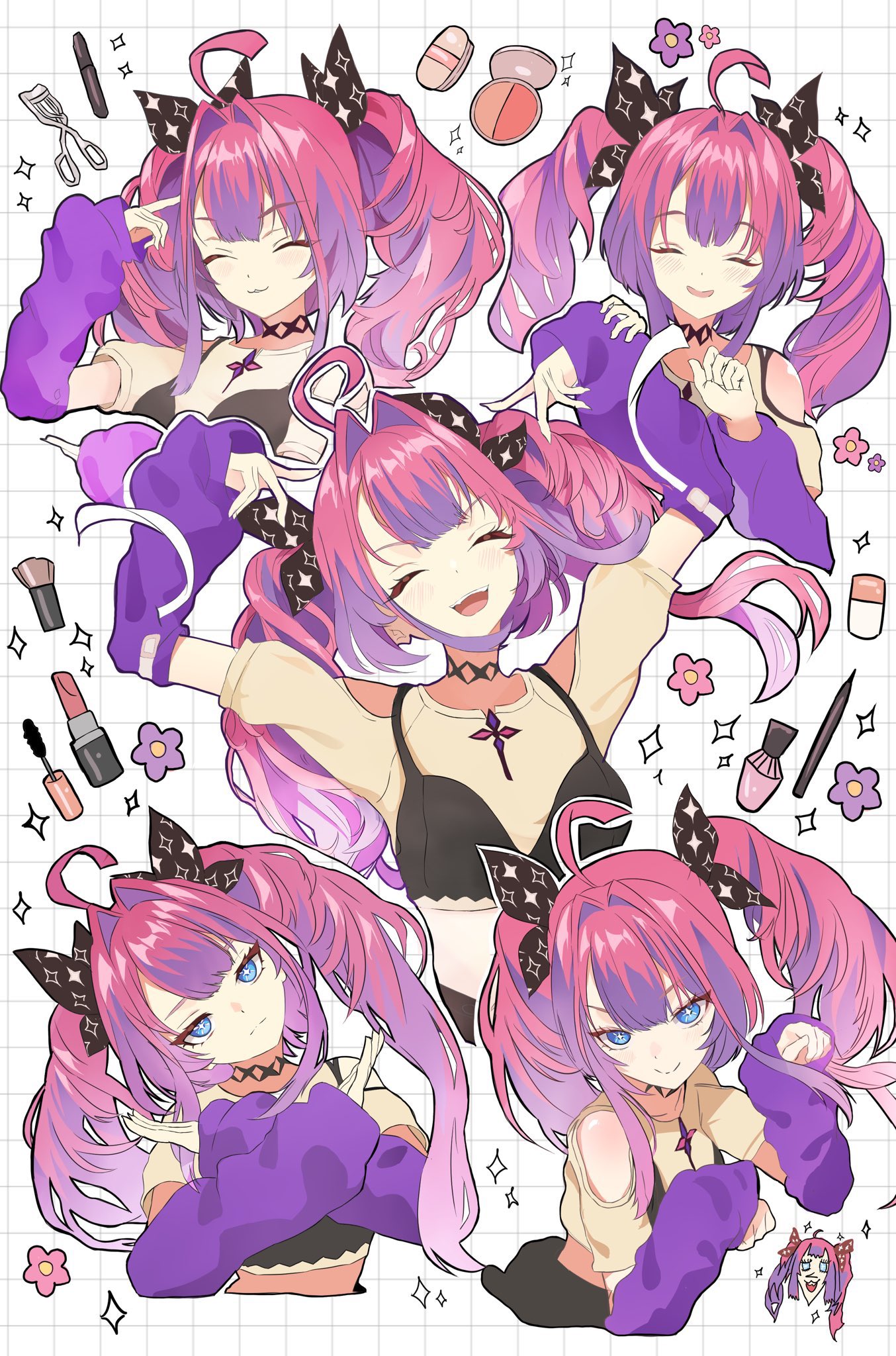 sakuradakey, kikirara vivi, kikirara vivi (1st costume), hololive, hololive dev is, commentary request, highres, 1girl, ahoge, arms up, black bra, black choker, black ribbon, blue eyes, bow, bra, bra over clothes, choker, closed eyes, closed mouth, clothing cutout, cosmetics, cropped torso, grid background, hair bow, hair intakes, hair ribbon, light frown, lipstick tube, long hair, looking at viewer, makeup brush, multicolored hair, multiple expressions, multiple views, open mouth, paw pose, pink hair, purple arm warmers, purple hair, purple streaks, ribbon, serious, shirt, shoulder cutout, sidelocks, smile, sparkle print, star-shaped gem, streaked hair, twintails, underwear, virtual youtuber, white background, white shirt, x arms